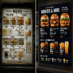 Side-by-side comparison of outdated static lightbox menu and modern digital menu board displaying vibrant burger images and dynamic pricing in quick service restaurant