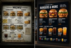 Side-by-side comparison of outdated static lightbox menu and modern digital menu board displaying vibrant burger images and dynamic pricing in quick service restaurant
