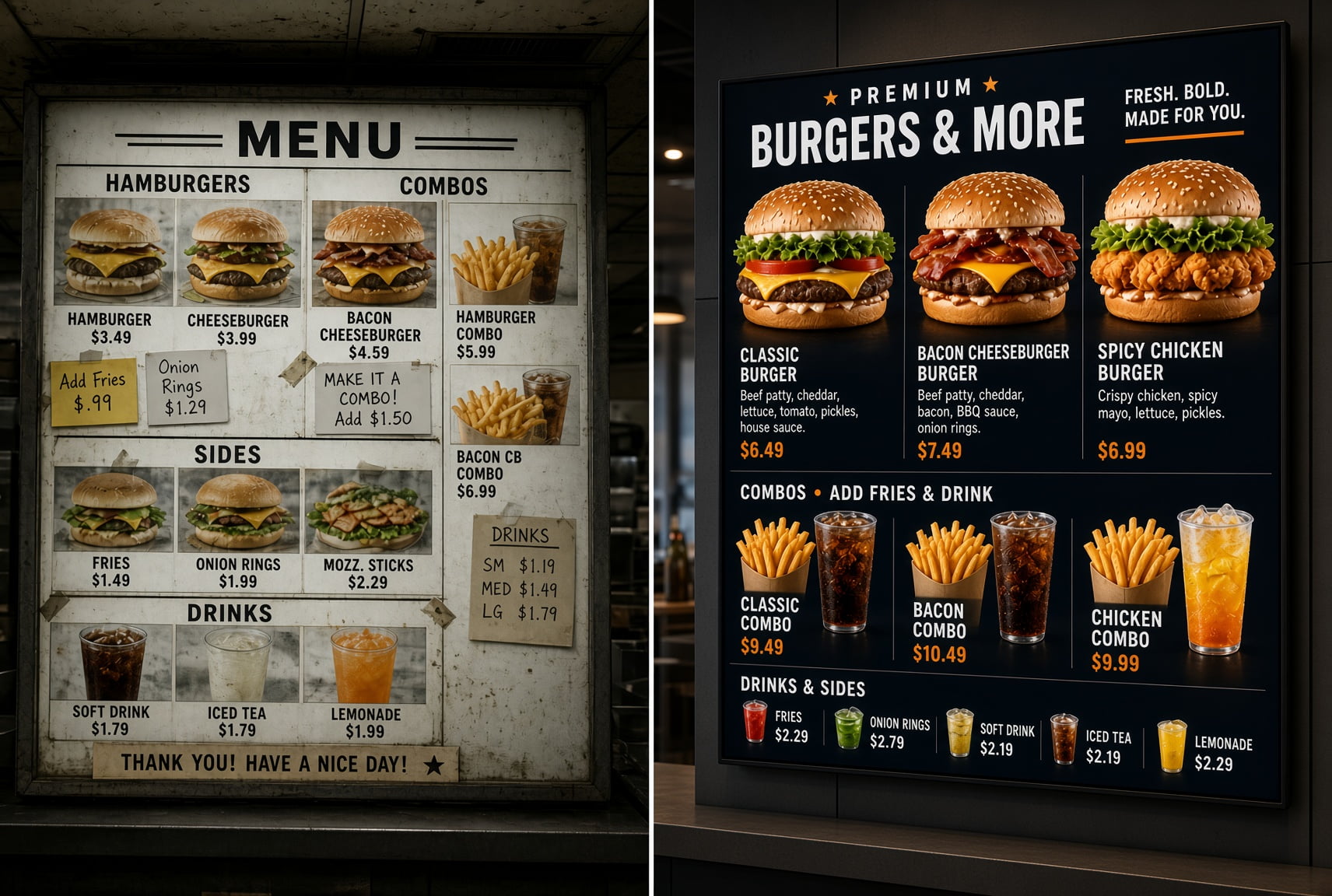 Side-by-side comparison of outdated static lightbox menu and modern digital menu board displaying vibrant burger images and dynamic pricing in quick service restaurant