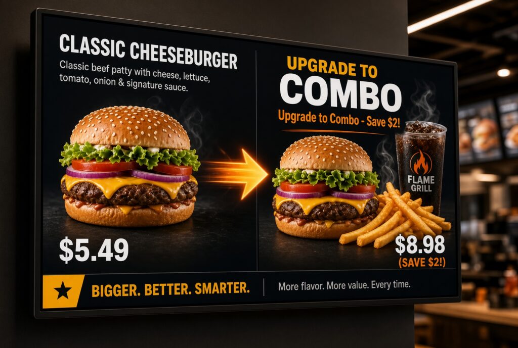 Digital menu board upselling strategy showing classic cheeseburger upgrade to combo meal with fries and drink, highlighting $2 savings to increase average ticket size