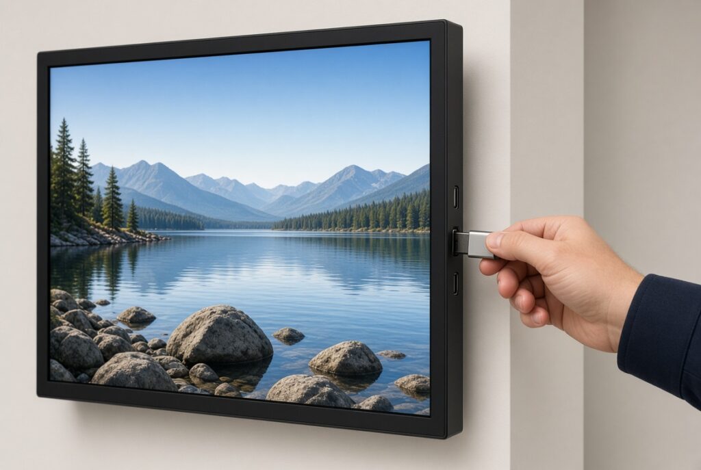 Wall-mounted digital signage display with USB plug-and-play connection showing mountain lake landscape, hand inserting USB drive into screen side port