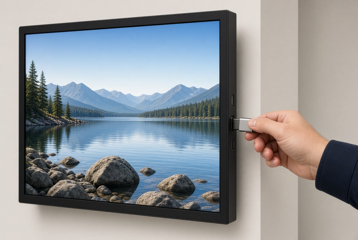 Wall-mounted digital signage display with USB plug-and-play connection showing mountain lake landscape, hand inserting USB drive into screen side port