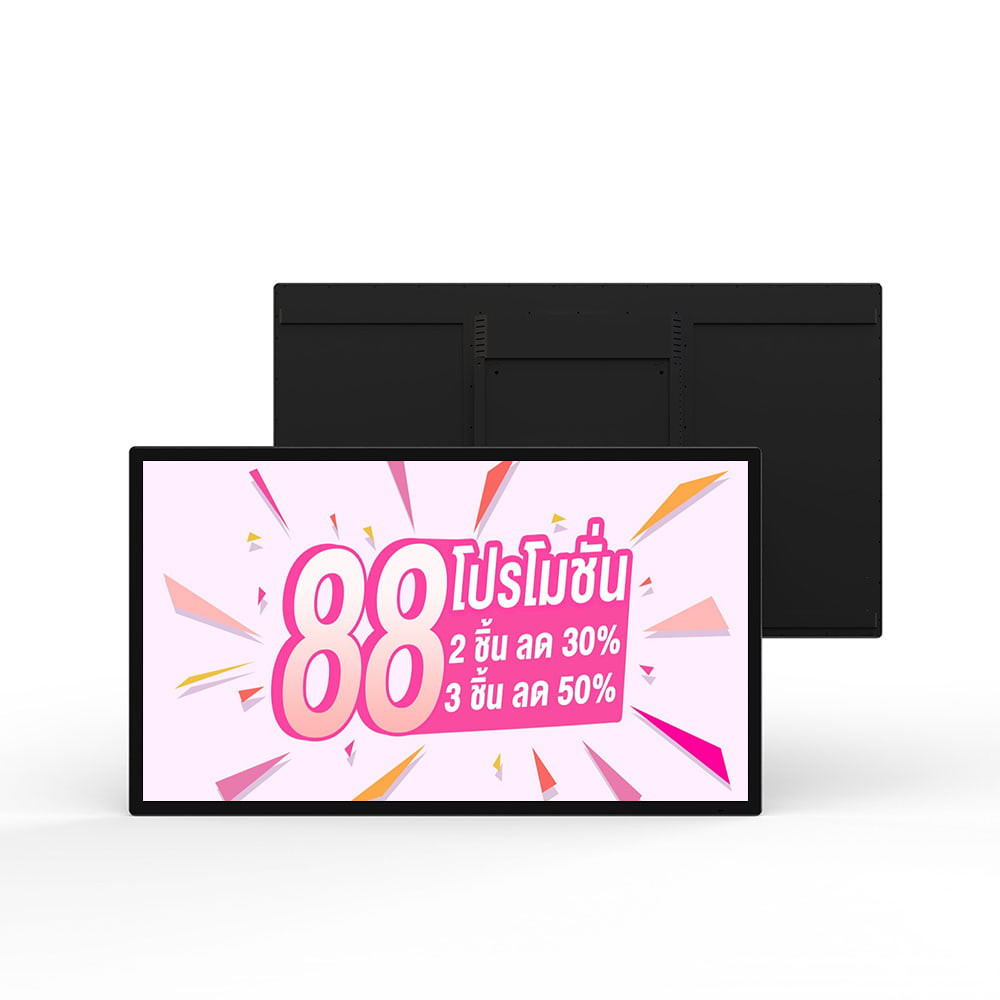 Wall-mounted indoor digital signage display showing promotional sale content with front and back mounting view