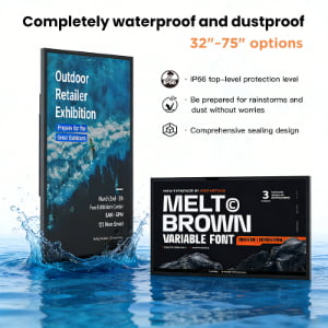 Waterproof and dustproof outdoor display with IP66 protection, 32-75 inch size options, comprehensive sealing design for rainstorms and dust resistance