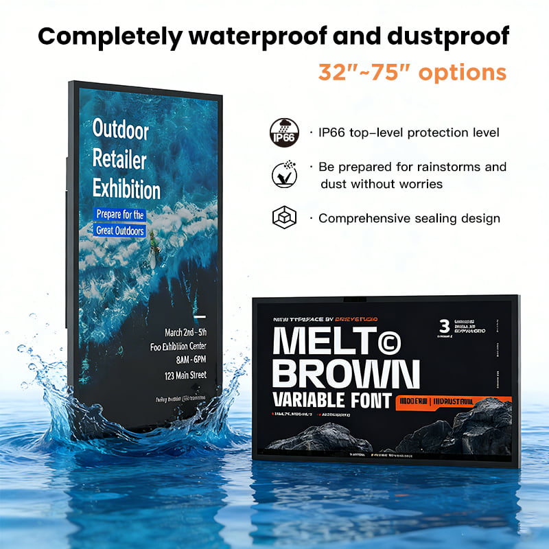 Waterproof and dustproof outdoor display with IP66 protection, 32-75 inch size options, comprehensive sealing design for rainstorms and dust resistance