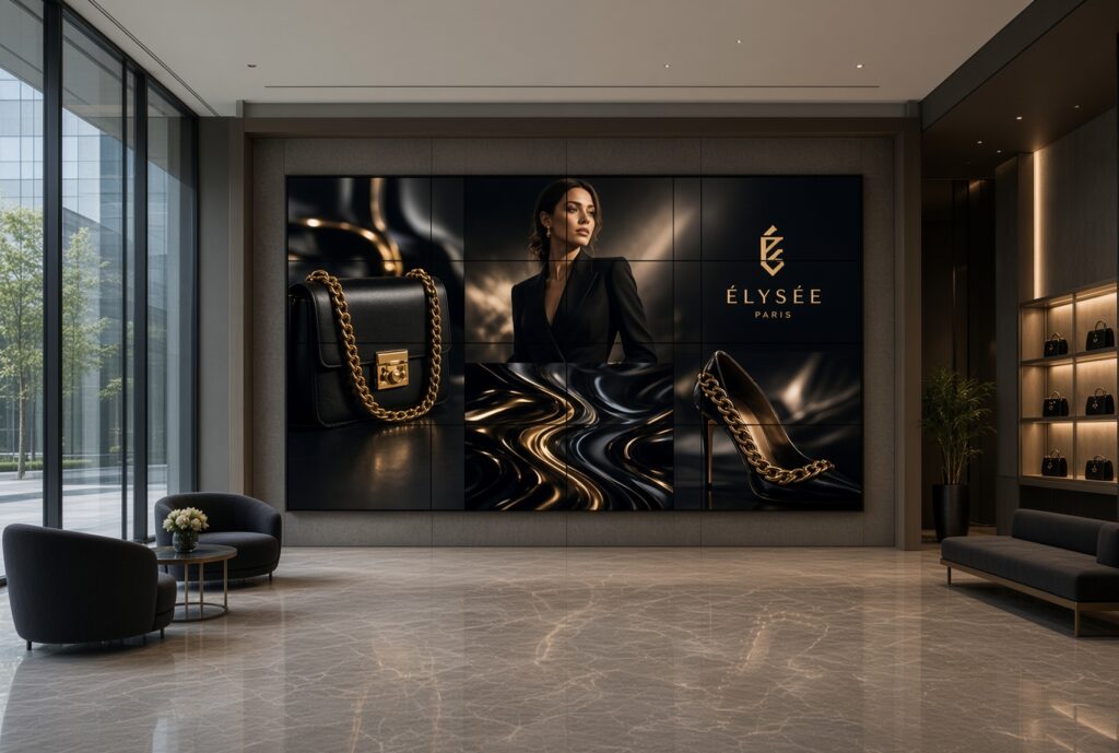 1.8mm narrow bezel LCD video wall displaying luxury fashion brand advertisement in modern corporate showroom and sales center