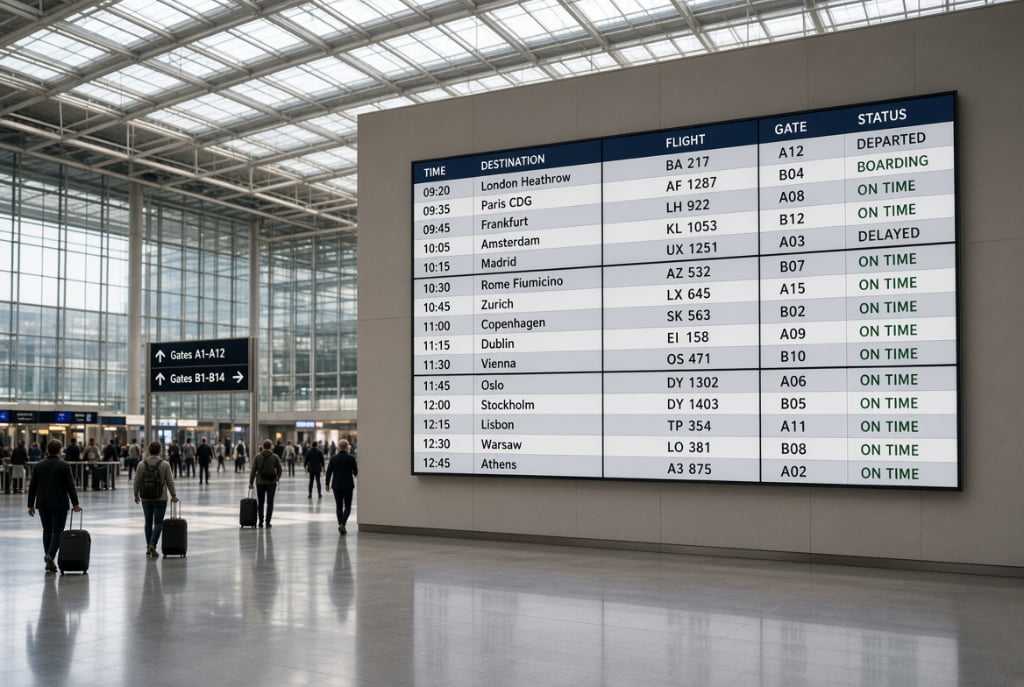 3.5mm narrow bezel LCD video wall displaying real-time flight departure information board in modern airport terminal with travelers
