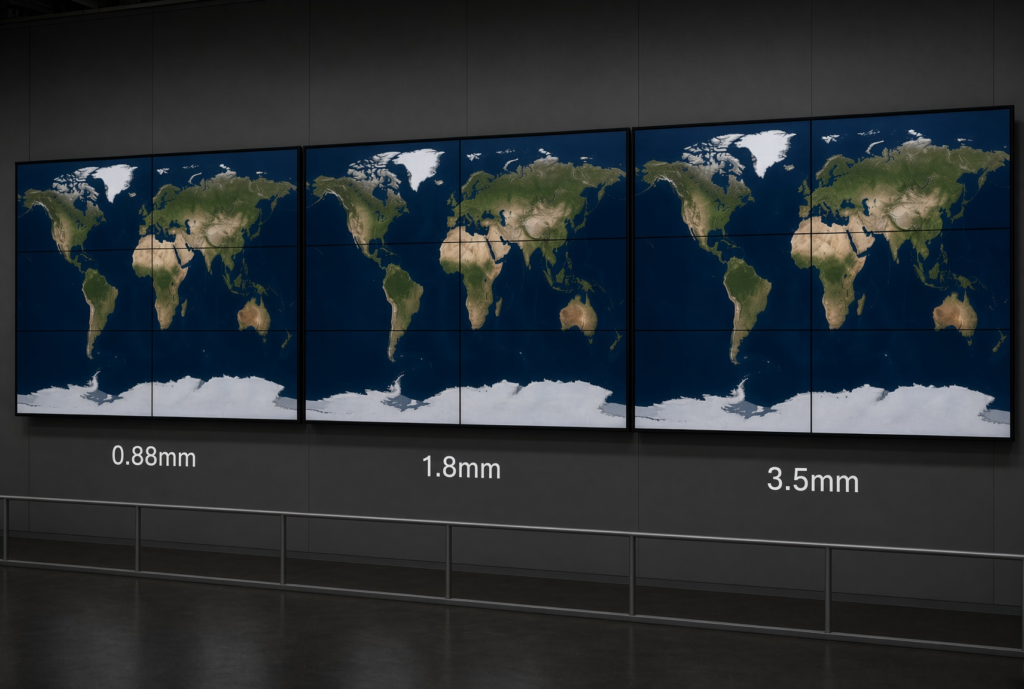 LCD video wall bezel comparison showing ultra-narrow 0.88mm, 1.8mm, and 3.5mm bezel widths displaying world map across multiple screens