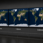 LCD video wall bezel comparison showing ultra-narrow 0.88mm, 1.8mm, and 3.5mm bezel widths displaying world map across multiple screens