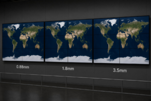 LCD video wall bezel comparison showing ultra-narrow 0.88mm, 1.8mm, and 3.5mm bezel widths displaying world map across multiple screens