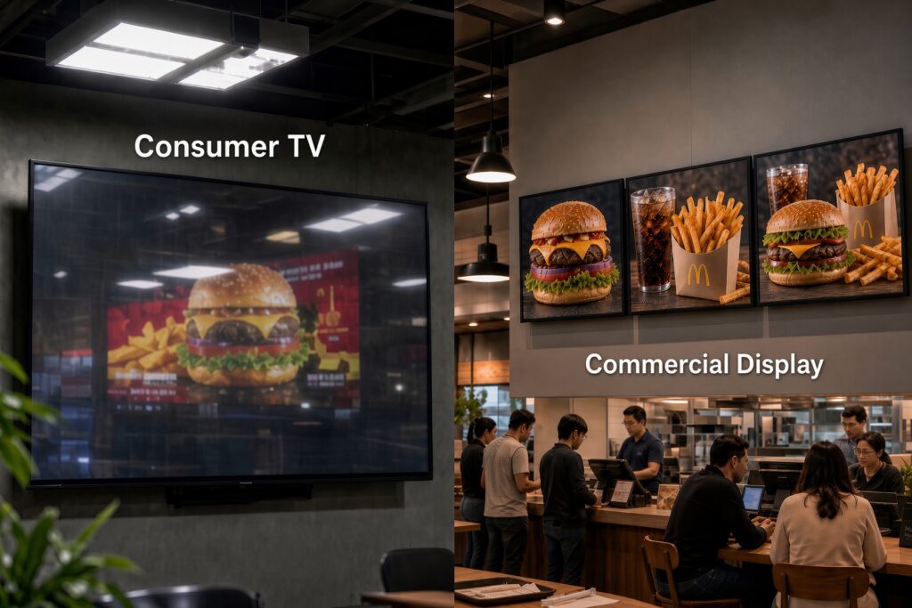 Consumer TV versus commercial display comparison in fast food restaurant showing burger advertisement on standard TV and professional digital menu boards