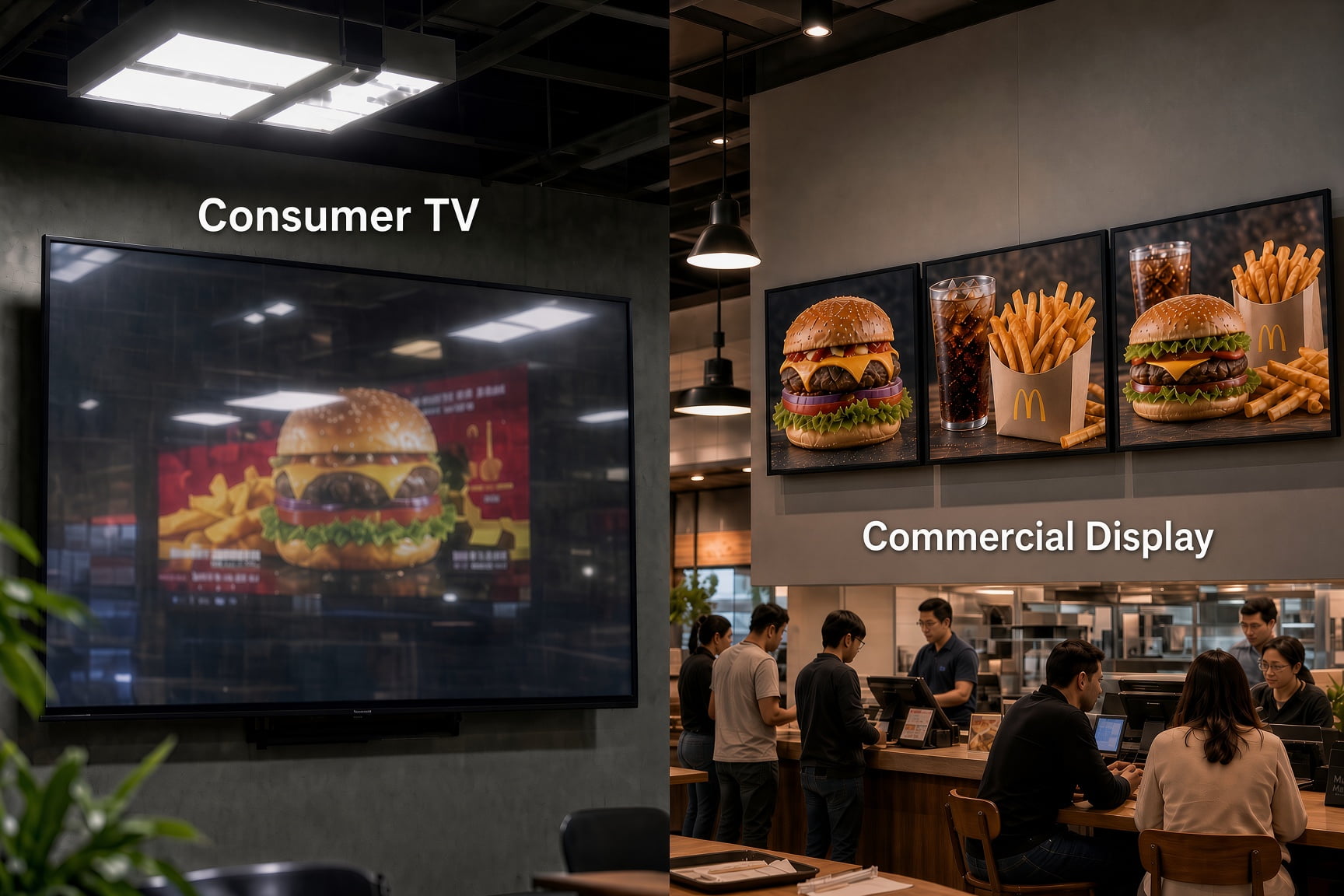 Consumer TV versus commercial display comparison in fast food restaurant showing burger advertisement on standard TV and professional digital menu boards