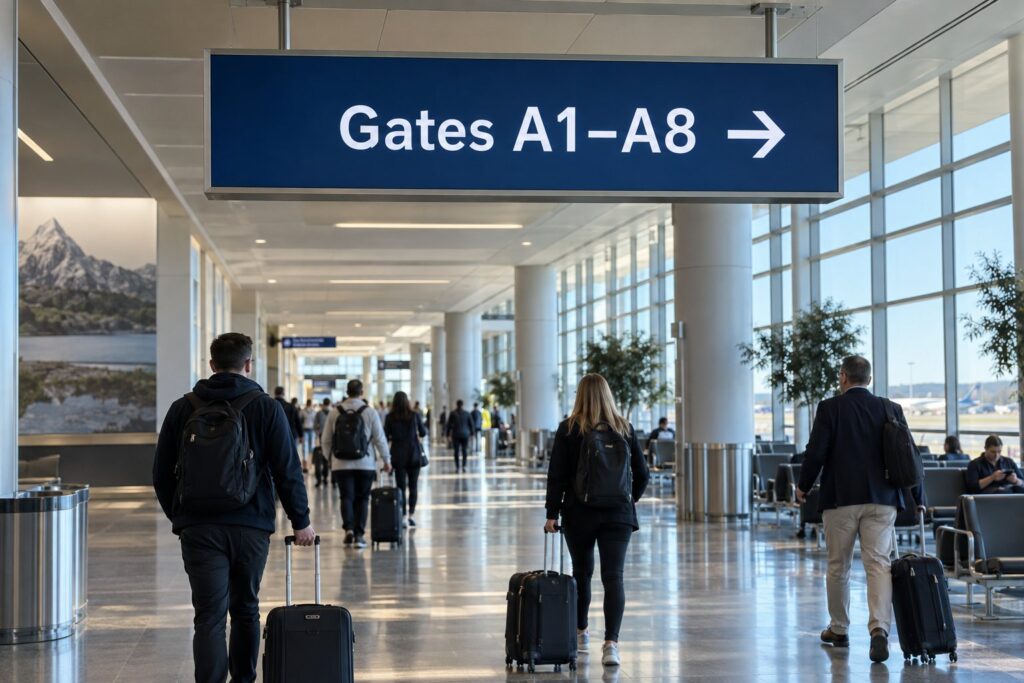 Ein abgehängtes Informationsdisplay im Querformat weist Flughafenpassagiere mit einem Rechtspfeil zu den Gates A1–A8.