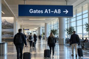 A suspended landscape information display directs airport passengers toward Gates A1-A8 with a right arrow.