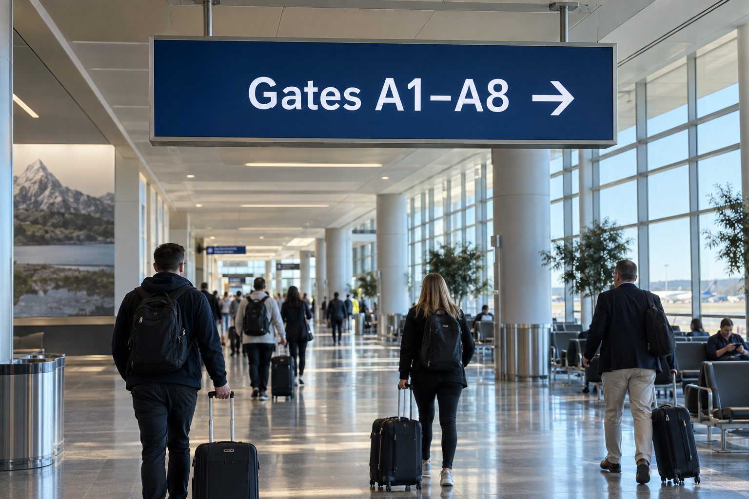 A suspended landscape information display directs airport passengers toward Gates A1-A8 with a right arrow.