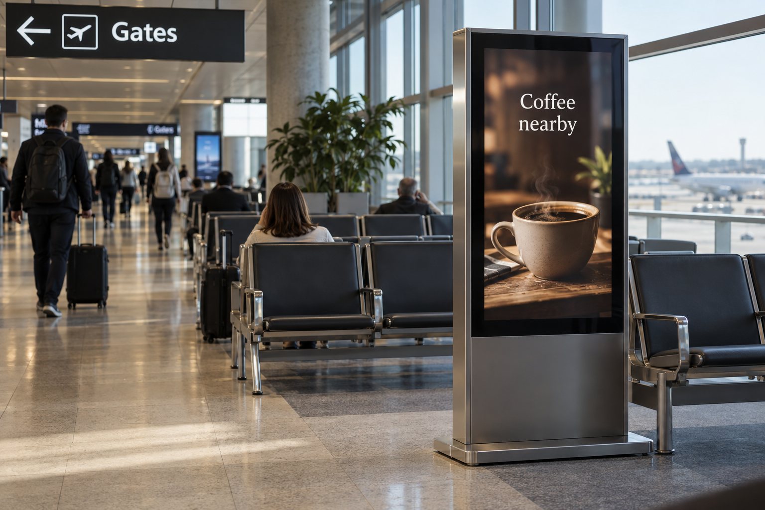 A portrait advertising kiosk beside airport seats shows a coffee message while a separate overhead sign points toward gates.