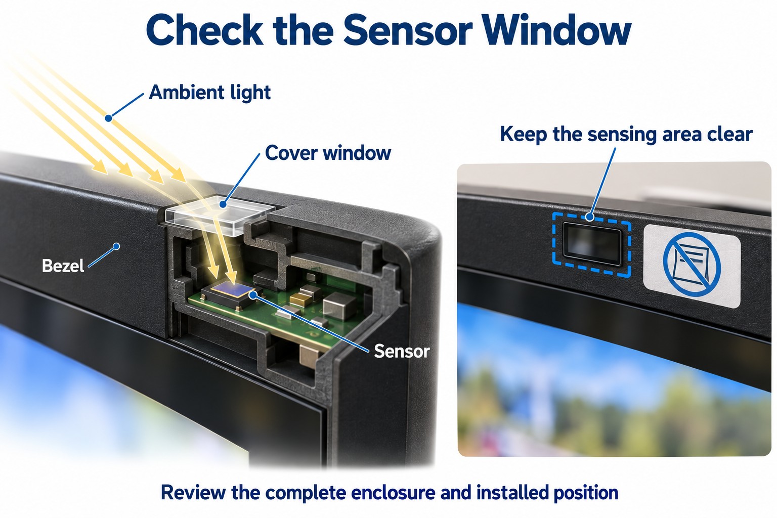 Ein Rahmenschnitt zeigt Licht durch ein Deckfenster zum Sensor; daneben ist ein freier Erfassungsbereich dargestellt.