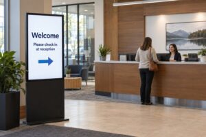 A portrait display beside a bank reception counter shows a welcome message and an arrow toward reception.