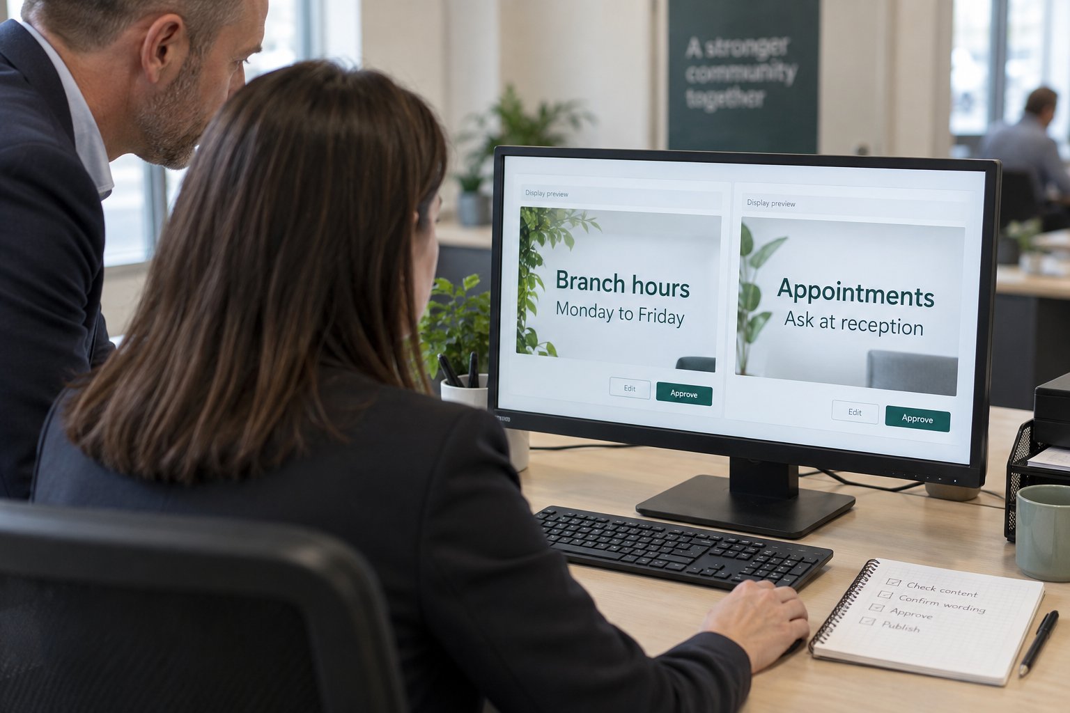 Two staff members review branch-hours and appointment message previews on a desktop screen.
