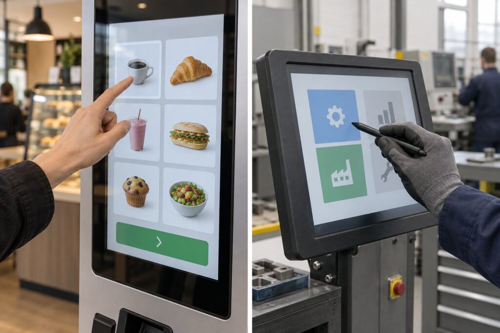 Bare finger selecting a kiosk menu beside a gloved hand using a stylus on an industrial touchscreen