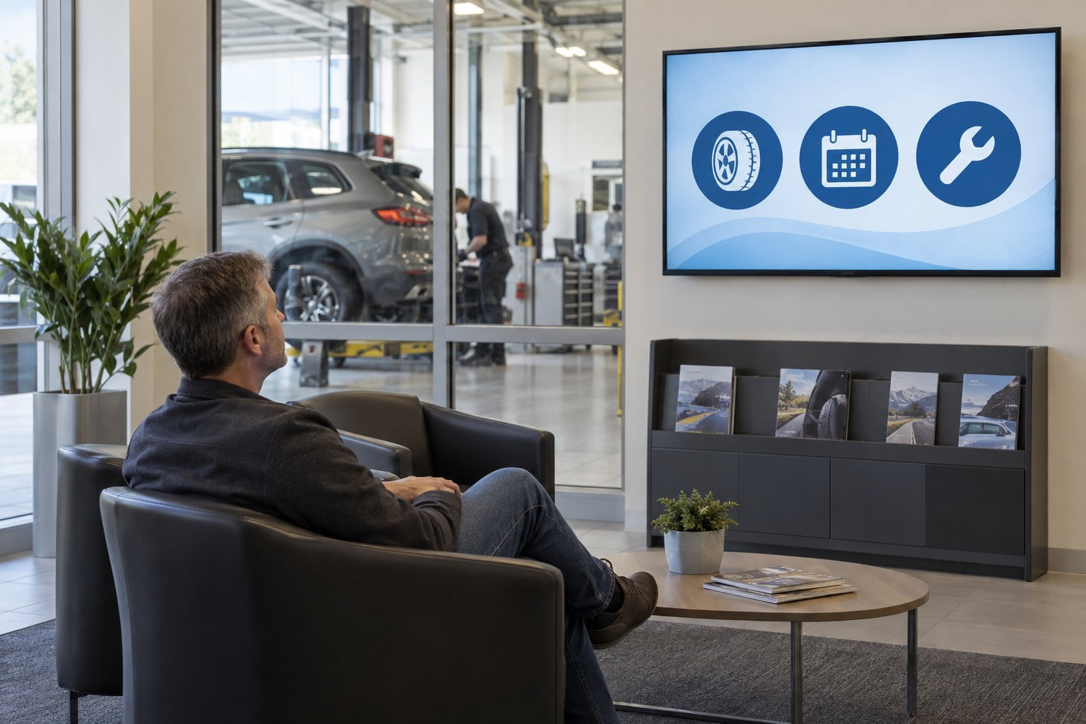 A seated customer looks at a wall-mounted screen showing tyre, calendar and wrench icons beside a vehicle service bay.