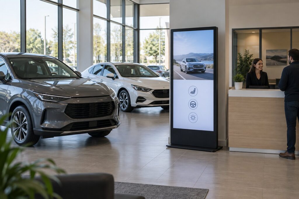 Ein freistehendes Display im Hochformat zeigt ein Autofoto und Ausstattungssymbole neben dem Empfang eines Autohauses.