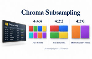 Commercial information screen beside diagrams comparing full, horizontally reduced and horizontally and vertically reduced chroma sampling.