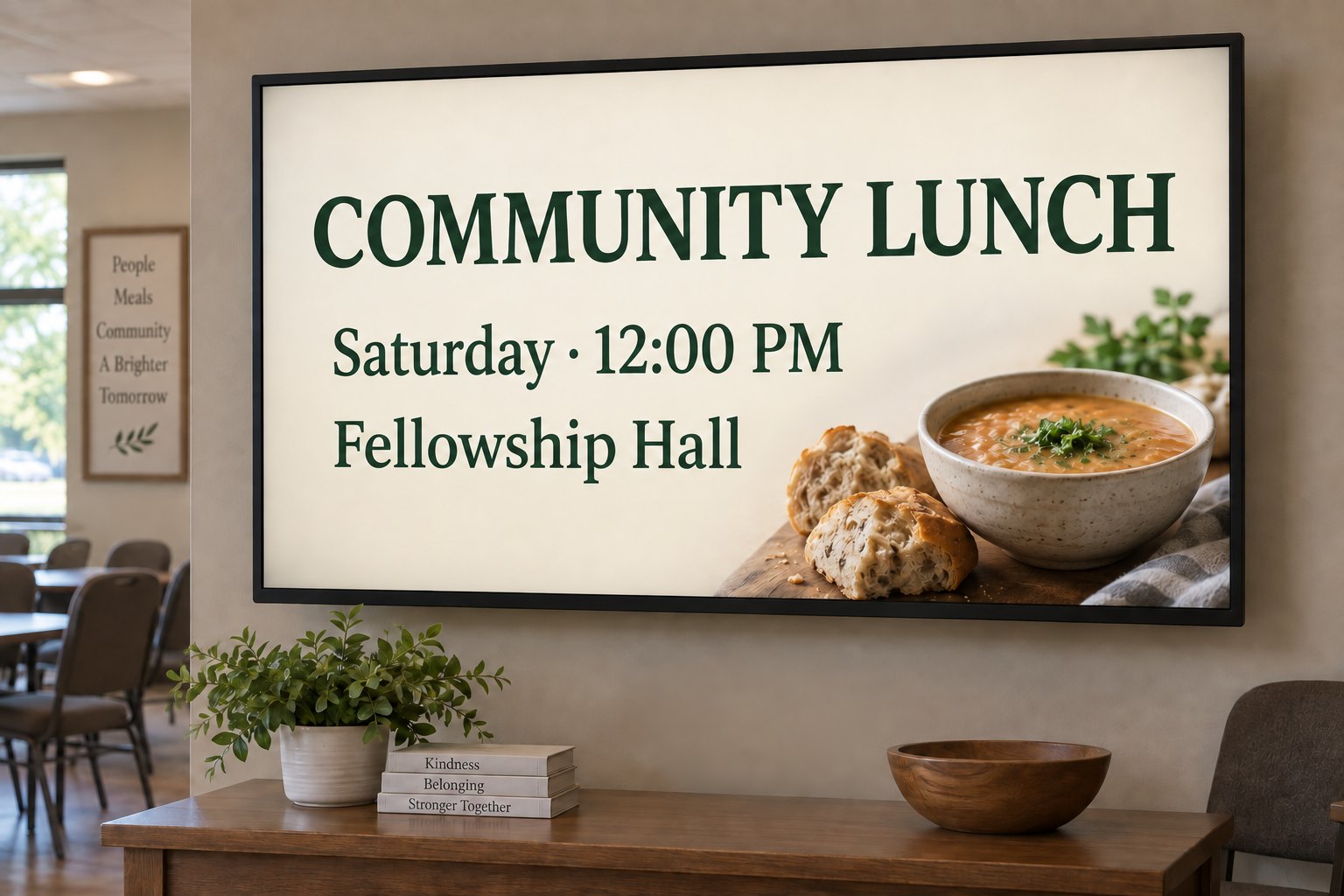 A display in a church community room shows an example Saturday community lunch announcement with a time and room name.
