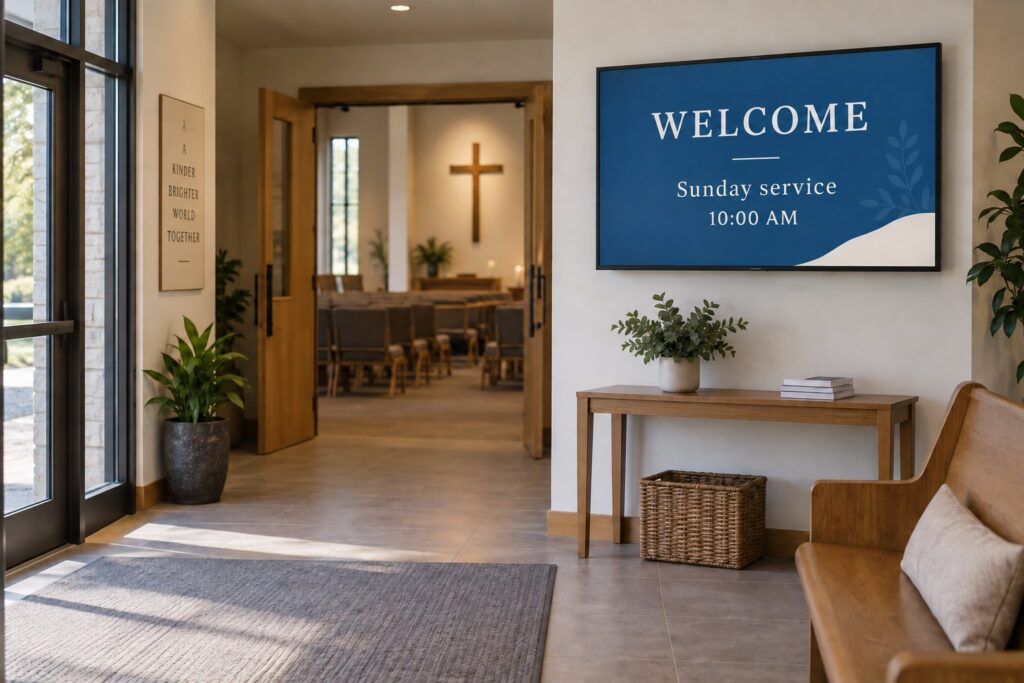 A wall-mounted display in a church foyer shows a welcome message and an example Sunday service time.