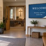 A wall-mounted display in a church foyer shows a welcome message and an example Sunday service time.