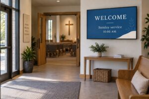A wall-mounted display in a church foyer shows a welcome message and an example Sunday service time.