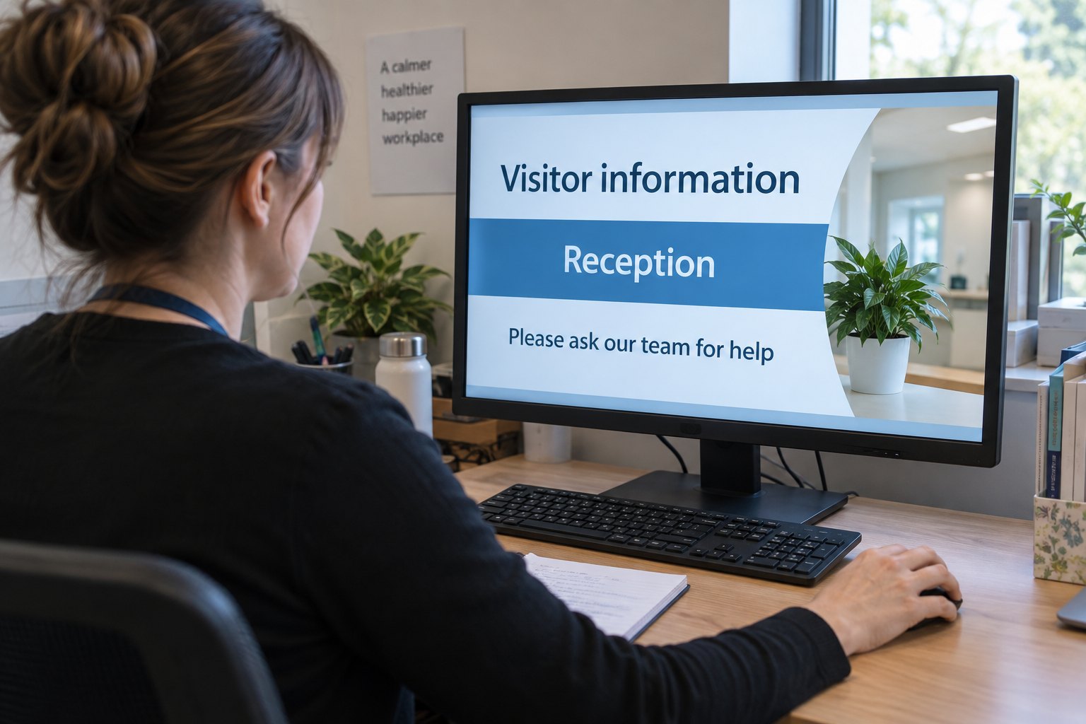 A staff member reviews a visitor information slide on a desktop monitor before it is used on public displays.