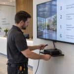 Un technicien vérifie un câble à côté d'un lecteur multimédia et un écran de répertoire de réception mural.