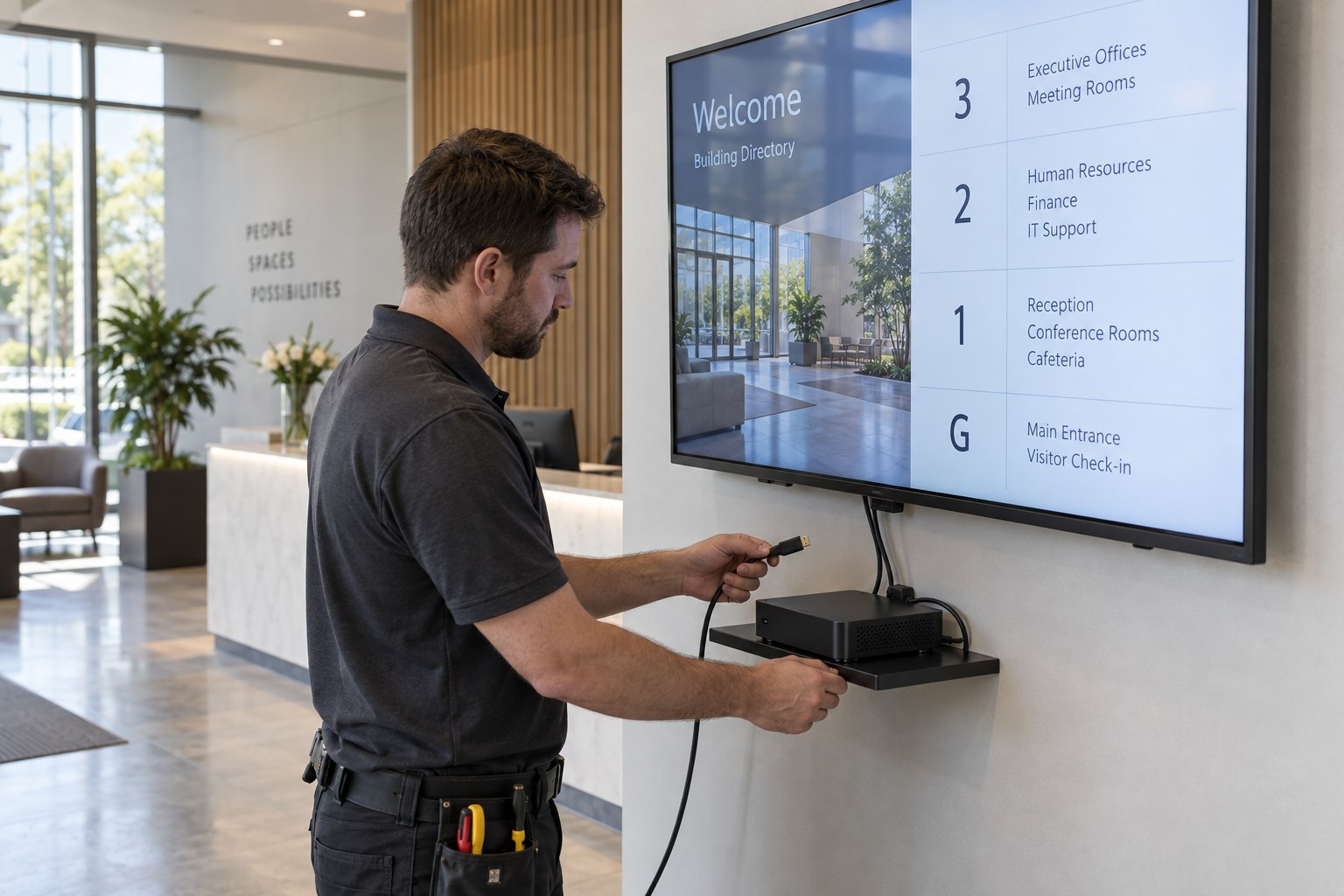 Ein Techniker prüft ein Kabel neben einem Mediaplayer und einem wandmontierten Empfangsdisplay.