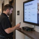 Ein Techniker hält einen D-Sub-Stecker neben einer Steuerung und einem gewerblichen Informationsdisplay für Besprechungsräume.