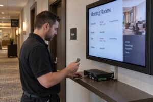 A technician holds a D-sub cable connector beside a controller and a commercial meeting-room information display.