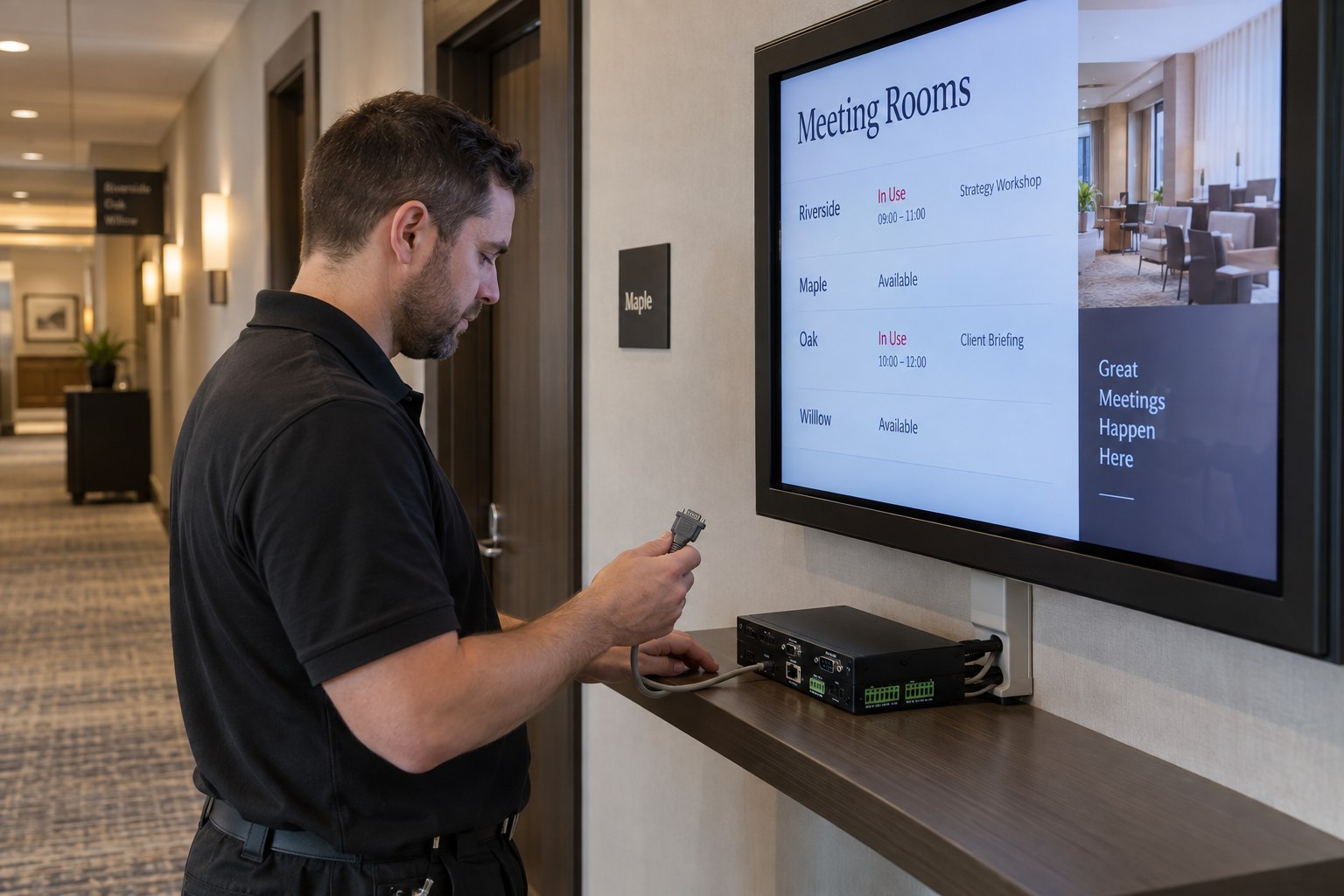 A technician holds a D-sub cable connector beside a controller and a commercial meeting-room information display.