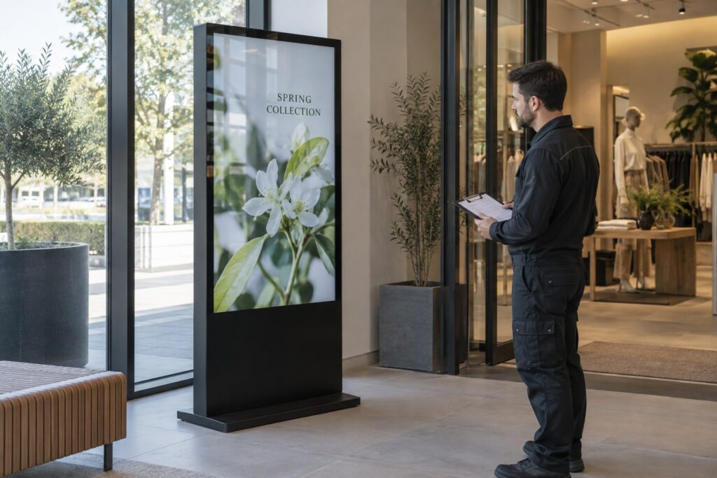Ein Techniker prüft ein freistehendes Einzelhandelsdisplay neben großen Fenstern; auf dem Bildschirm sind Reflexionen sichtbar.
