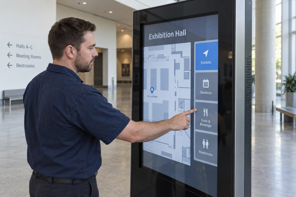 Ein Techniker berührt eine Navigationstaste an einem Orientierungskiosk im Hochformat in einer Ausstellungshalle.