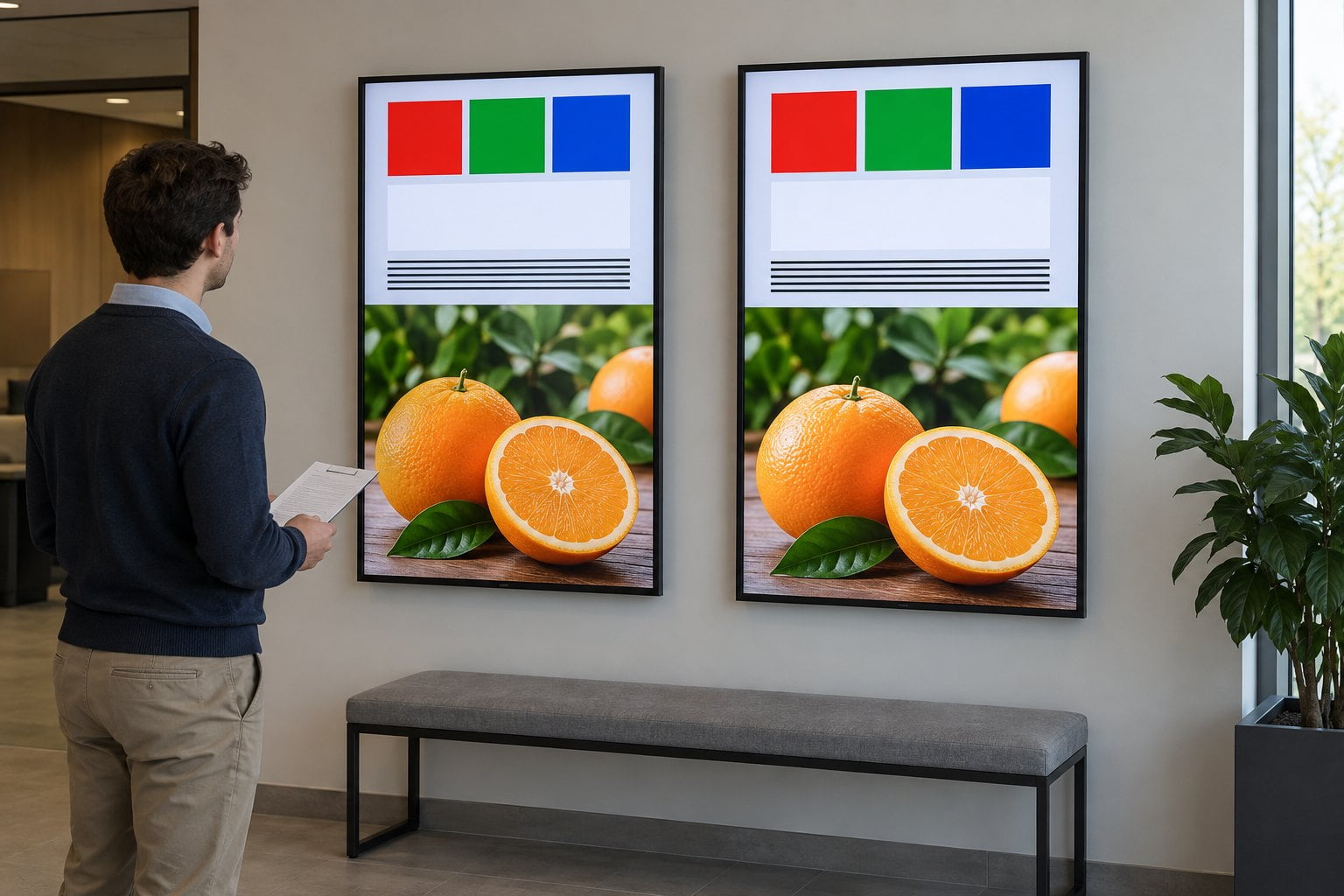 A person with a checklist compares two portrait commercial screens showing colour patches, fine lines and photographs of oranges.