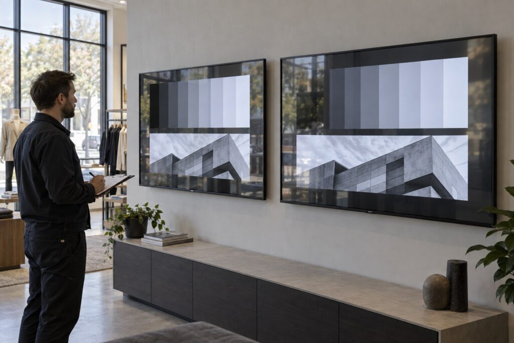Ein Techniker vergleicht zwei wandmontierte Displays mit Graustufenbalken und einem Architekturbild neben den Fenstern eines Showrooms.