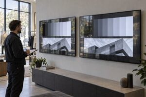 Ein Techniker vergleicht zwei wandmontierte Displays mit Graustufenbalken und einem Architekturbild neben den Fenstern eines Showrooms.