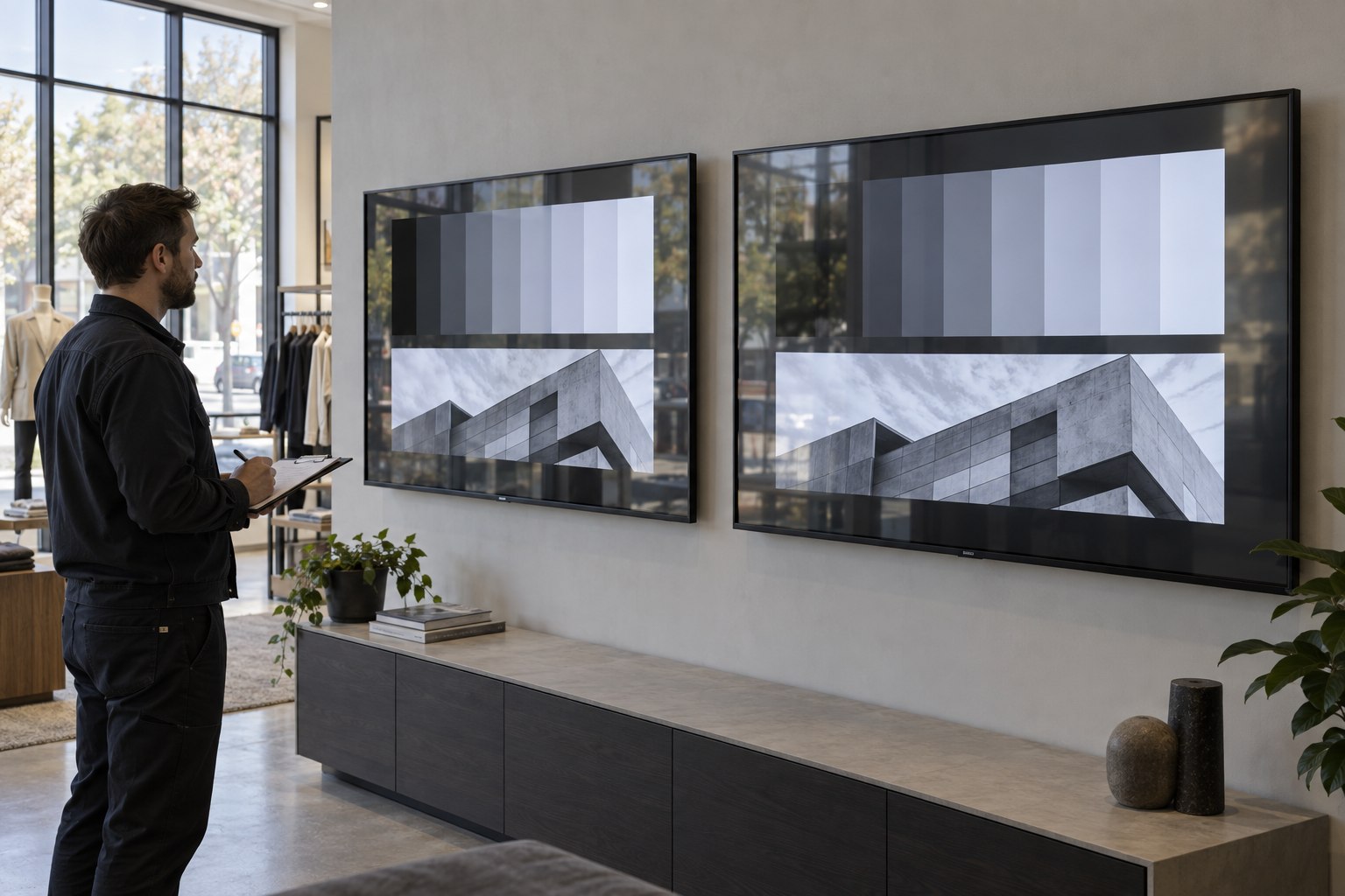 A technician compares two wall-mounted displays showing grayscale bars and an architectural image beside showroom windows.