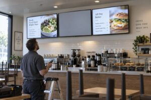 Ein Techniker mit Fernbedienung prüft drei Menüdisplays in einem Café; der mittlere Bildschirm zeigt ein neutrales graues Testbild.