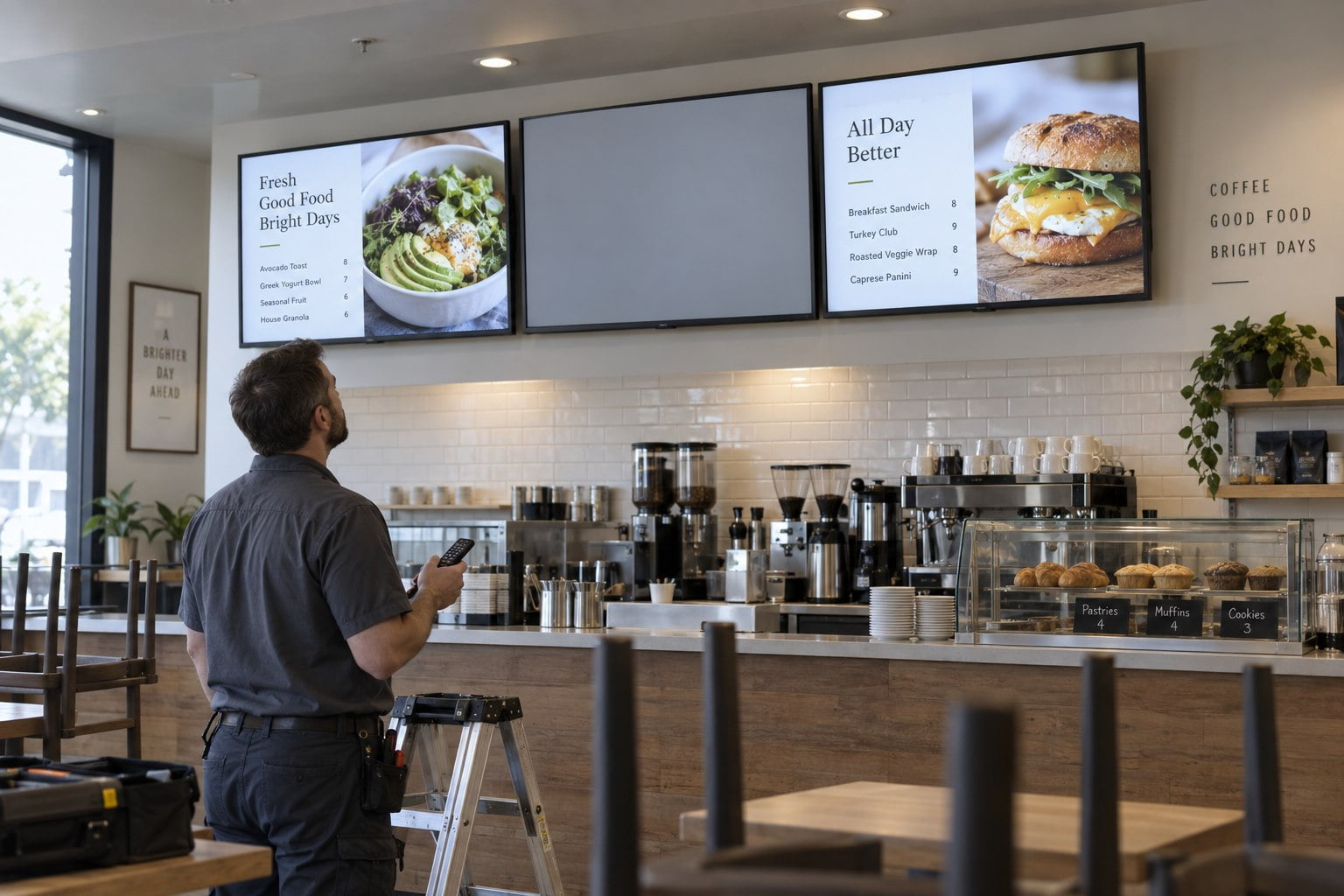 A technician with a remote checks three cafe menu displays; the centre screen shows a neutral gray field.