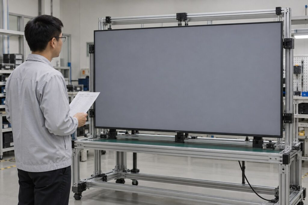 Ein Techniker prüft mit einem Prüfblatt ein großes gewerbliches LCD, das auf einer Werkstattvorrichtung ein graues Testbild zeigt.