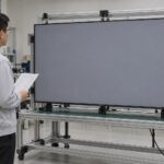 Ein Techniker prüft mit einem Prüfblatt ein großes gewerbliches LCD, das auf einer Werkstattvorrichtung ein graues Testbild zeigt.