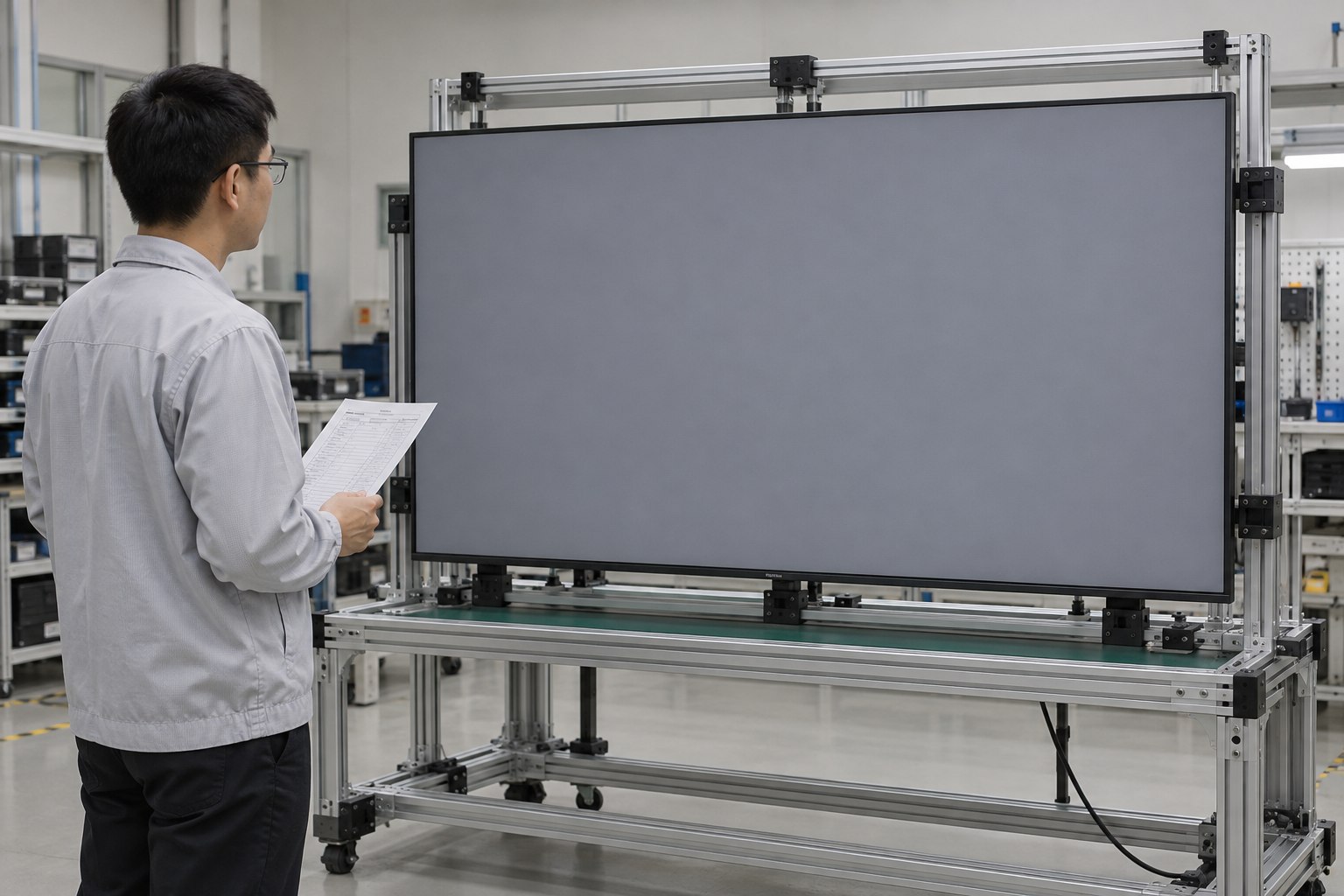 Ein Techniker prüft mit einem Prüfblatt ein großes gewerbliches LCD, das auf einer Werkstattvorrichtung ein graues Testbild zeigt.