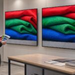 Un technicien tient des échantillons de couleurs à côté de deux écrans professionnels montrant des tissus rouges, verts et bleus.