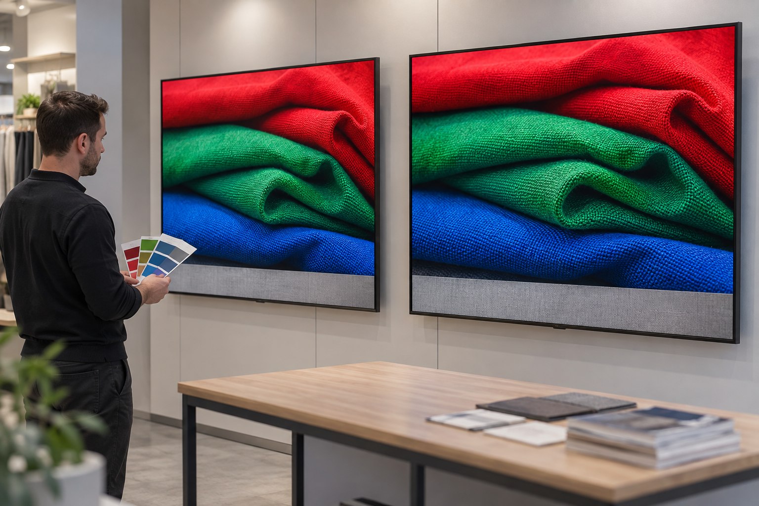 Ein Techniker hält Farbmuster neben zwei gewerblichen Displays mit roten, grünen und blauen Stoffmotiven.